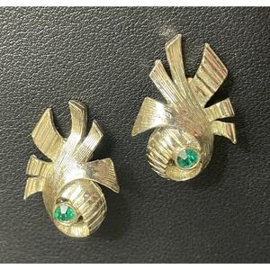 Vintage Green Rhinestone Earrings Clip Ons Gold Tone Retro Jewelry